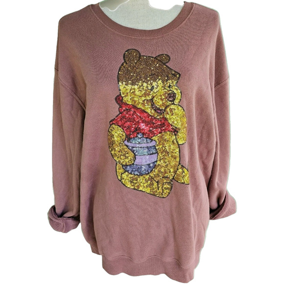 Disney "Winnie The Pooh" Sweatshirt Brown Sequined Plus Womens 2X Crewneck - Picture 1 of 5